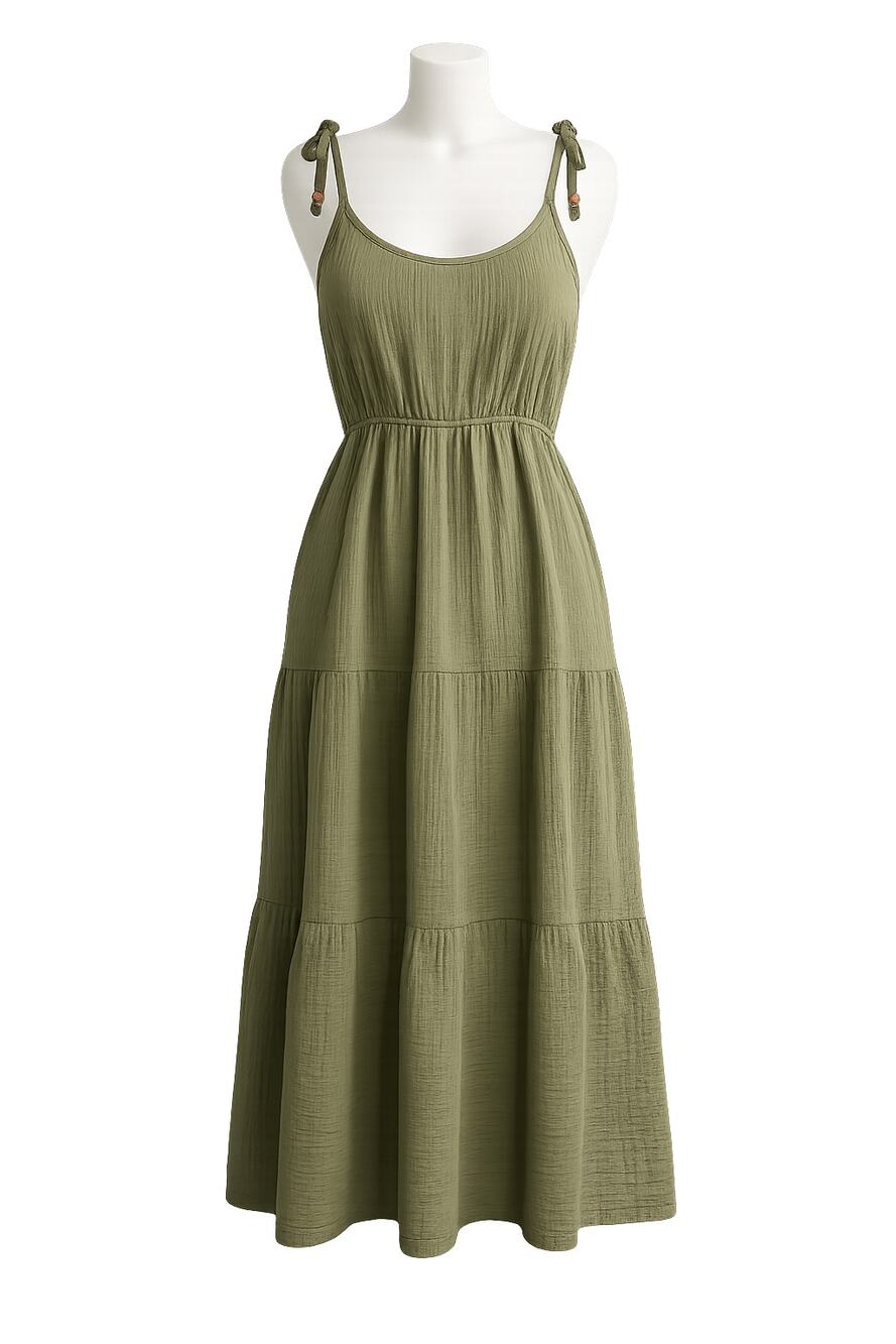Lucky Brand Olive Cotton Gauze Boho Tiered Maxi Dress - Size Small